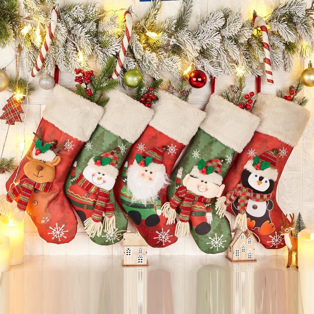 Christmas Stockings - 5 Pack Classic Large Size Stockings, Deer, Santa,  Penguin, Snowman, Elf Xmas Character for Family, Holiday Decorations (Not Customized)