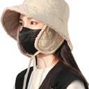 Quilted Bucket Hat Winter Warm Hat for Woman Down Padding Bucket Cap Fishing Hat Thick Plush Earflap Fisherman Bucket Hats (Beige)