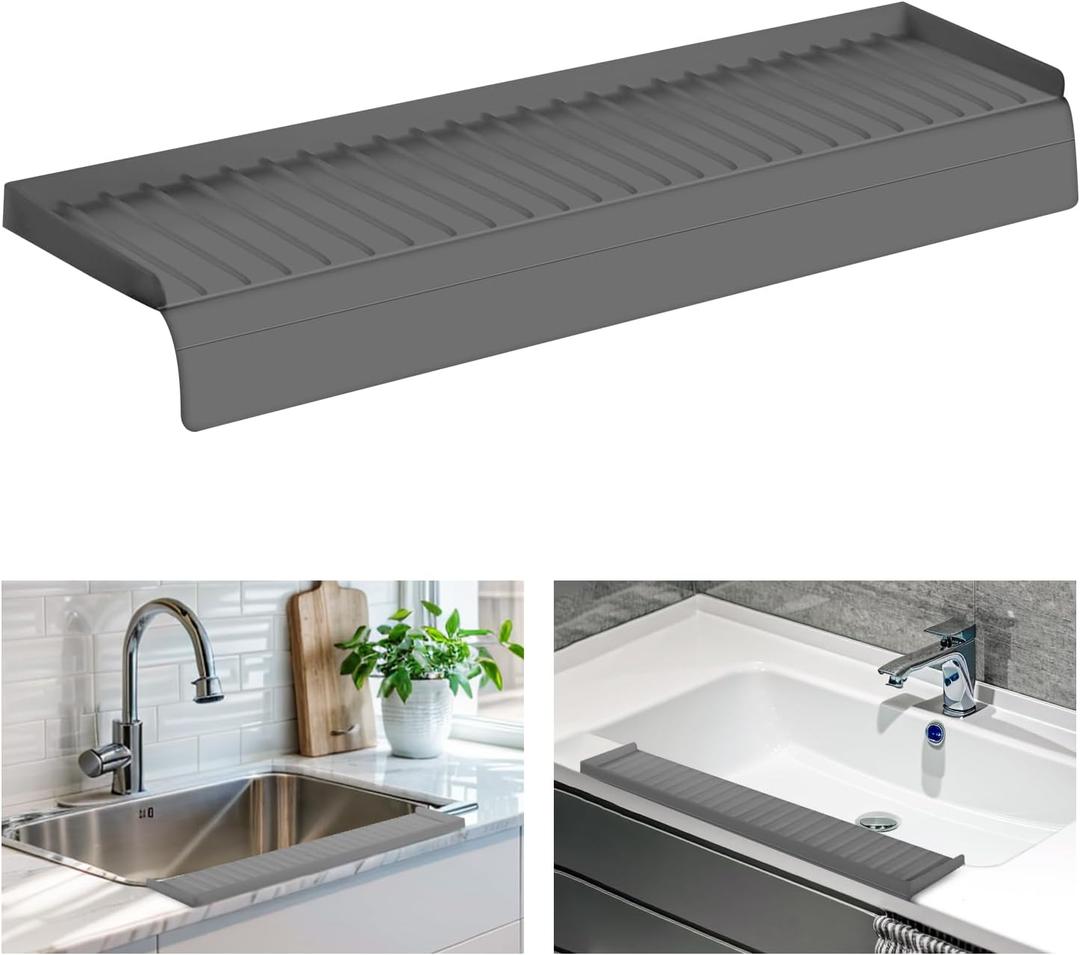 Sink Edge Protector with Suction Cup, 30" x 4", Silicone Sink Splash Guard for Kitchen & Bathroom, Protect Countertop from Scratches, Stains, for Stainless Steel Granite Quartz (Gray)