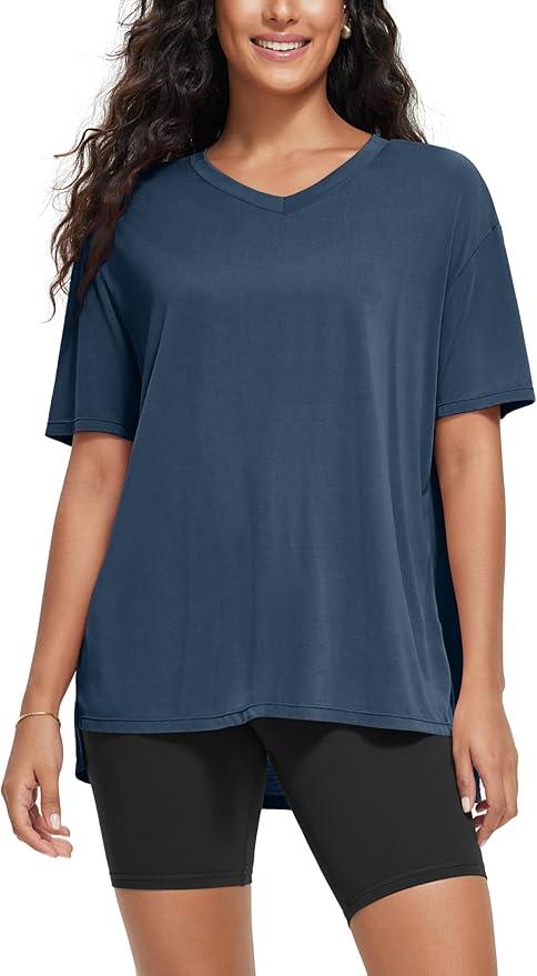 ODODOS Women's Split Hem Oversize Short Sleeve Shirts, Casual Lounge Yoga Tops, Dark Blue, Large