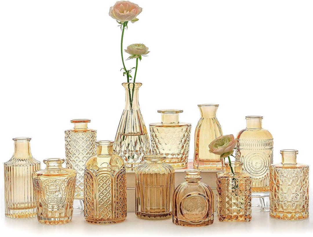 12pcs Glass Bud Vase Set, Small Gold Amber Flower Vases for Centerpieces in Bulk, Mini Vintage Vase for Wedding, Home,Table Decoration
