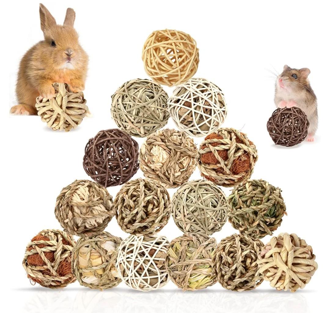 Bunny Chew Grass Balls, Rolling Chew Toys for Small Animals, Improving Dental Health, Natural Chew Grass Toys for Rabbits, Guinea Pigs, Chinchillas, Hamsters, Mice (16 Pcs)
