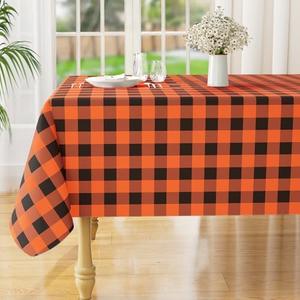 misaya Square Waterproof Vinyl Table Cloth, Buffalo Flannel Backed Tablecloth, Wipeable Plastic Table Cover for Dinner, Kitchen, Picnic (60" x 84", Orange and Black)