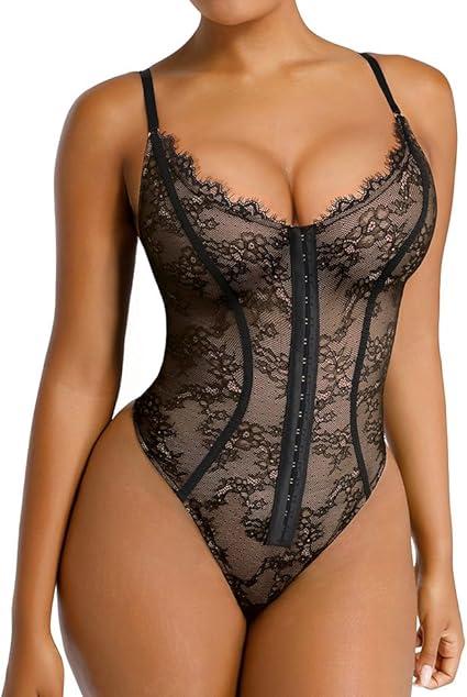 SHAPELLX Lace Bodysuit for Women Tummy Control Shapewear Bodysuit for Women Thong V Neck Sleeveless Backless Body Suit L