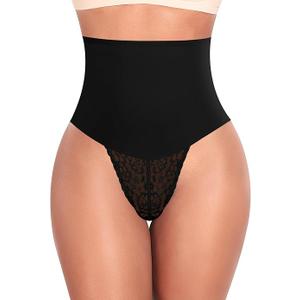 Werena Tummy Control Thong Shapewear for Women Mid High Waisted Body Shaper Underwear Lace Shaping Thong Girdle Panties (Small, Beige)