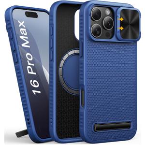 for iPhone 16 Pro Max Case Slim with Stand, Rugged Military Grade Protection, Slide Camera Cover, Compatible with MagSafe, Heavy Duty Men Women Magnetic Phone Case for iPhone 16 Pro Max, Blue