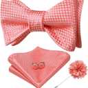 Dubulle Self Tie Bow Ties and Lapel Pin for Men Paisley Solid Mens Bowtie and Handkerchief Cufflinks Set Wedding, Coral Pink