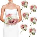 Wedding Bridesmaid Bouquets Set of 6, Artificial Silk Flowers Arrangement for Ceremony Marriage Proposal Party Anniversary Decorations - Dusty Pink & White