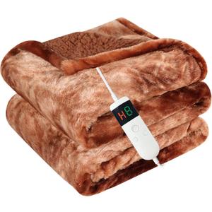 Electric Heated Blanket Throw 50''x60''Size Faux Fur Heating Blanket 10 Heating Settings, 1-8h Timer & Overheat Protection, Machine Washable, Soft Flannel and Sherpa Full Body Warmth (Brown)