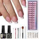 MEET ACROSS French False Nails Kit, Press on Nails with Glue 150Pcs Short Coffin Fake Nails French White Tip Pink Color Glossy Full Cover Glue on Nails for Women