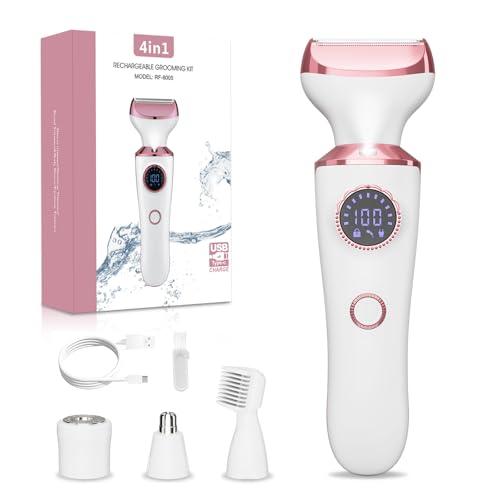 Electric Razor for Women, 4-in-1 Bikini Trimmer & Body Shaver for Face, Legs, Underarms, Pubic Hair, Rechargeable Wet/Dry Painless Hair Removal with LED Light & Travel Lock