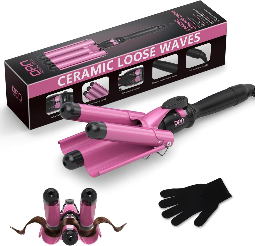 3 Barrel Hair Waver for Women Dual Voltage Curling Iron Hair Crimper Waver - Beach Waves Crimper Hair Tool, Easy to Use, Pink (1 inch)
