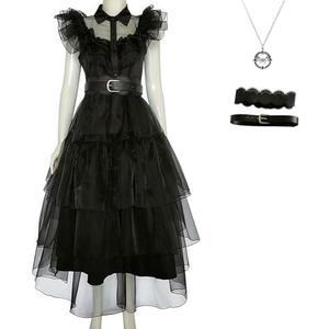 Halloween Women Black Gothic Tulle Cosplay Dress Party Ruffle Layered Prom Dance Costume Belt Necklace XXL