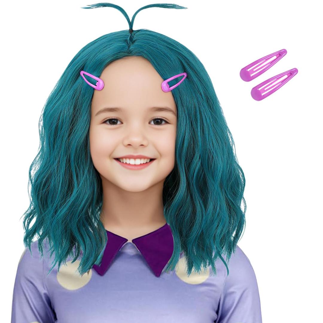 Costume Wig with Hairpins for Kids Girls Short Wavy Blue Green Wig Fun Anime Cosplay Halloween Wig (Kids)