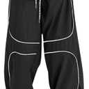 GORGLITTER Men's Baggy Track Pants Y2K Drawstring Elastic Waist Wide Leg Parachute Pants (Large, Black)