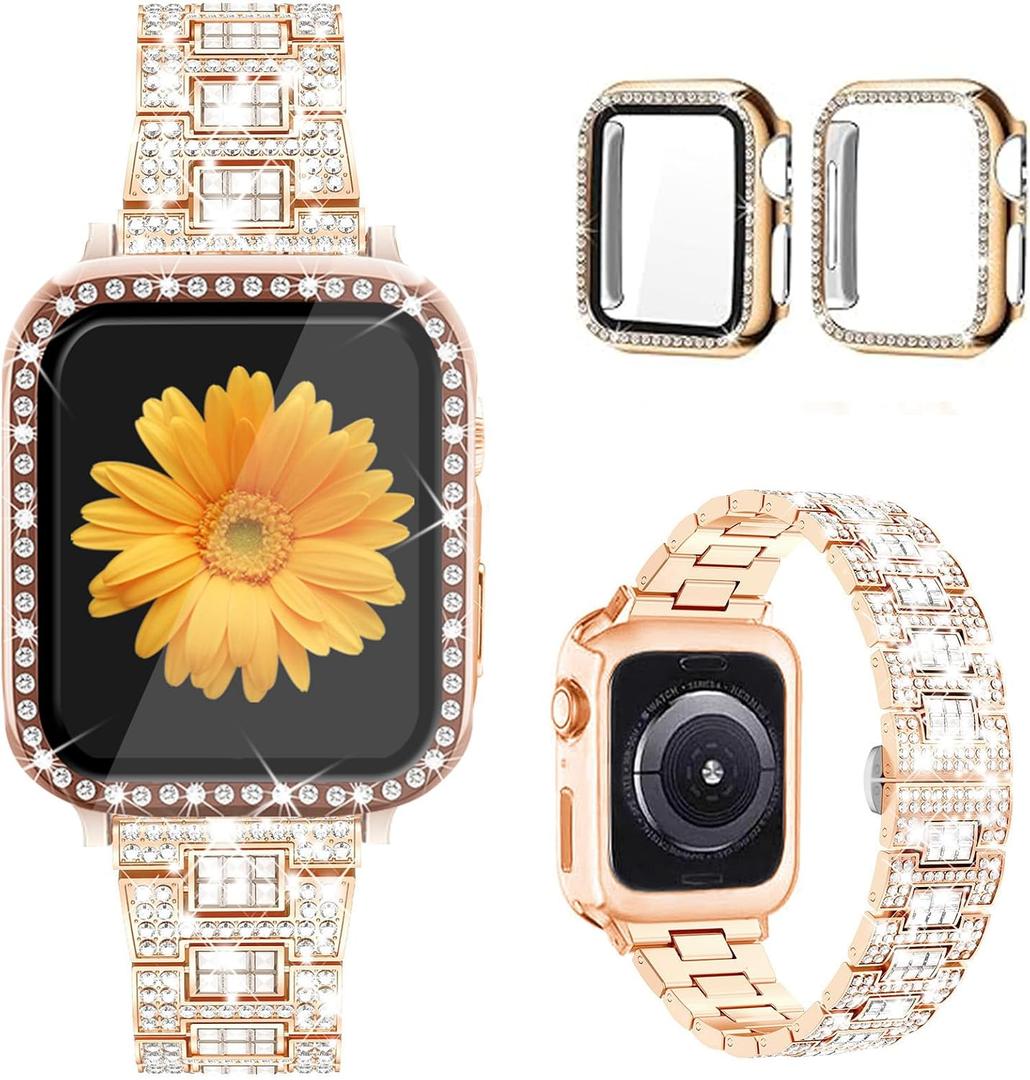 Mesime Compatible for Apple Watch Band with Screen Protector Case, Jewelry Replacement Bands 46mm 45mm 44mm 42mm 41mm 40 mm 38mm 2 Pack Protective Cover for iWatch Series 11/10/9/8/7/6/5/4/3/2/1/SE Women