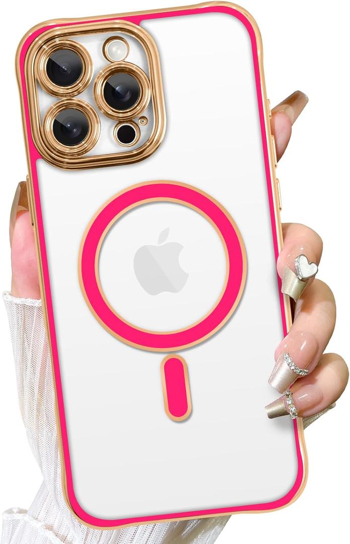 Fiyart Designed for iPhone 16 Pro Case,Compatible with MagSafe Plating Removable Lens Cover Clear Magnetic Shockproof Phone Bumper for Women Girls 6.3"-Hot Pink