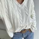 ZAFUL Women's V Neck Cable Knit Sweater 2025 Fall Pullover Long Sleeve Ribbed Loose Top Casual Outfits (Large, White)