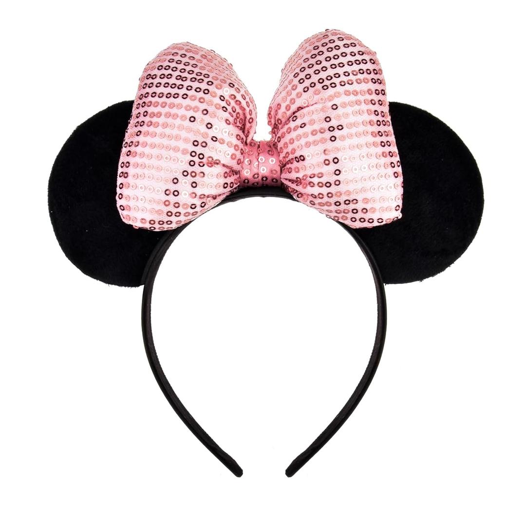 A Miaow 3D Black Velvet Headband Polka Dot Satin Bow Hair Clasp Women Adults Hair Accessory Party Costume Supply Holiday Park Headwear (Pink Bow, One Size)