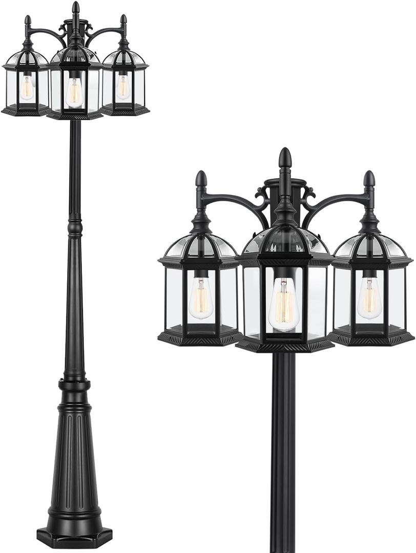 Aluminum Outdoor Lamp Post Birdcage, Hardwired Street Light Post for Outside, 3-Head Pole Light Modern Lamp Post Outdoor Lighting with Clear Glass Panels for Garden Patio Backyard Walkway Driveway