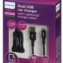 Phillips Dual USB Car Charger With USB A/USB C Charge Cable