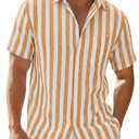 Runcati Mens Short Sleeve Linen Shirts Striped Casual Button Down Shirt Summer Beach Vacation Tops, M
