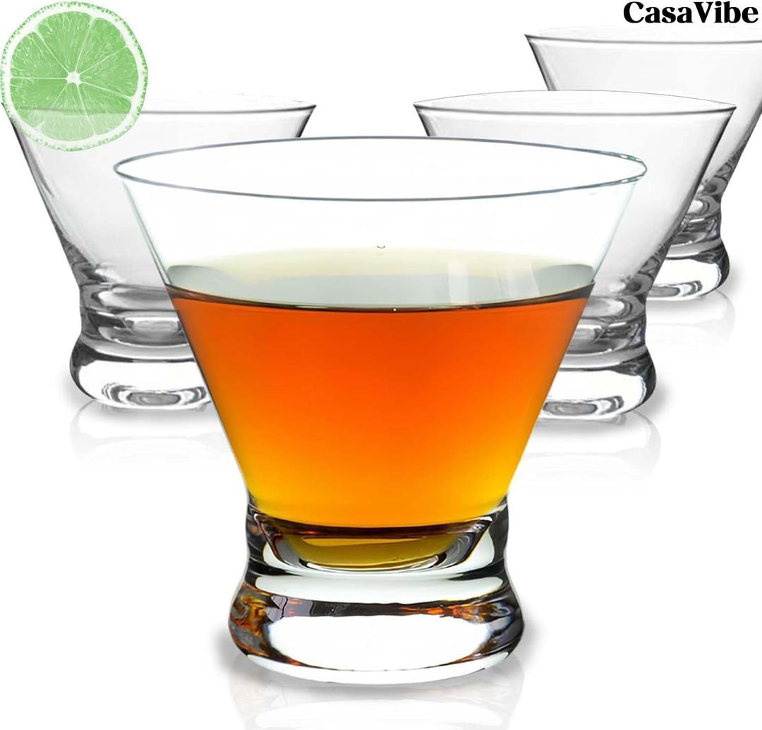 Stemless Martini Glasses, Bar Party Birthday Housewarming Gifts Crystal Clear 8 OZ Set of 4 With Stylish Base Elegant Cocktail Glasses for Martini, Cocktail, Manhattan, Margarita, Cosmopolitan