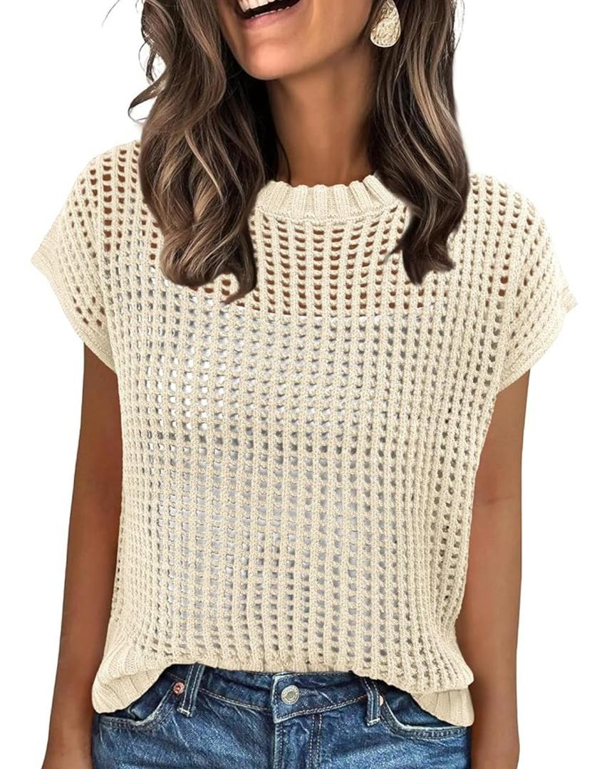 Alsol Lamesa  Womens Tops 2025 Trendy Summer Shirts Crochet Cap Sleeve Knitted Sweater Beach Vacation Clothes Fall Fashion Outfits,XL