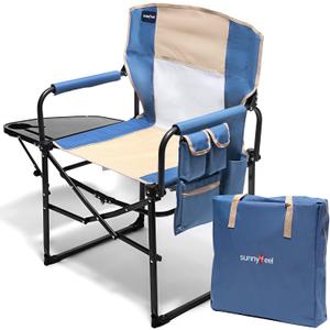 SUNNYFEEL Oversized Camping Directors Chair, Portable Folding Lawn Chairs for Adults Heavy Duty with Side Table,Pocket for Beach, Fishing,Picnic,Concert,TailgatingOutdoor Foldable Camp Chair (1 PC, Khaki)