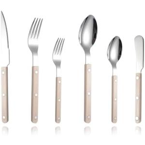 Rivet ABS Clamp Handle Silverware Set -5 -Piece Stainless Steel Flatware with Steak Knife, Fork, Spoon, Teaspoon, Dessert Fork and Butter Knife - Elegant Tableware Cutlery for Dining (Beige white)