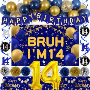 14th Birthday Decorations for Boys, Blue and Gold Happy 14th Birthday Decorations Boy, Bruh I'm 14 Backdrop Happy Birthday Banner Tablecover Number 14 Balloons Pompoms,14 Year Old Boy Bday Party Decor
