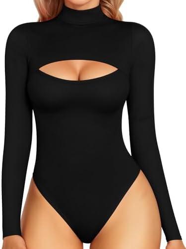 MANGOPOP Women's Mock Neck Cutout Front Bodysuit Long Sleeve Sleeveless Turtle Neck Body Suits Sexy Tops, Large