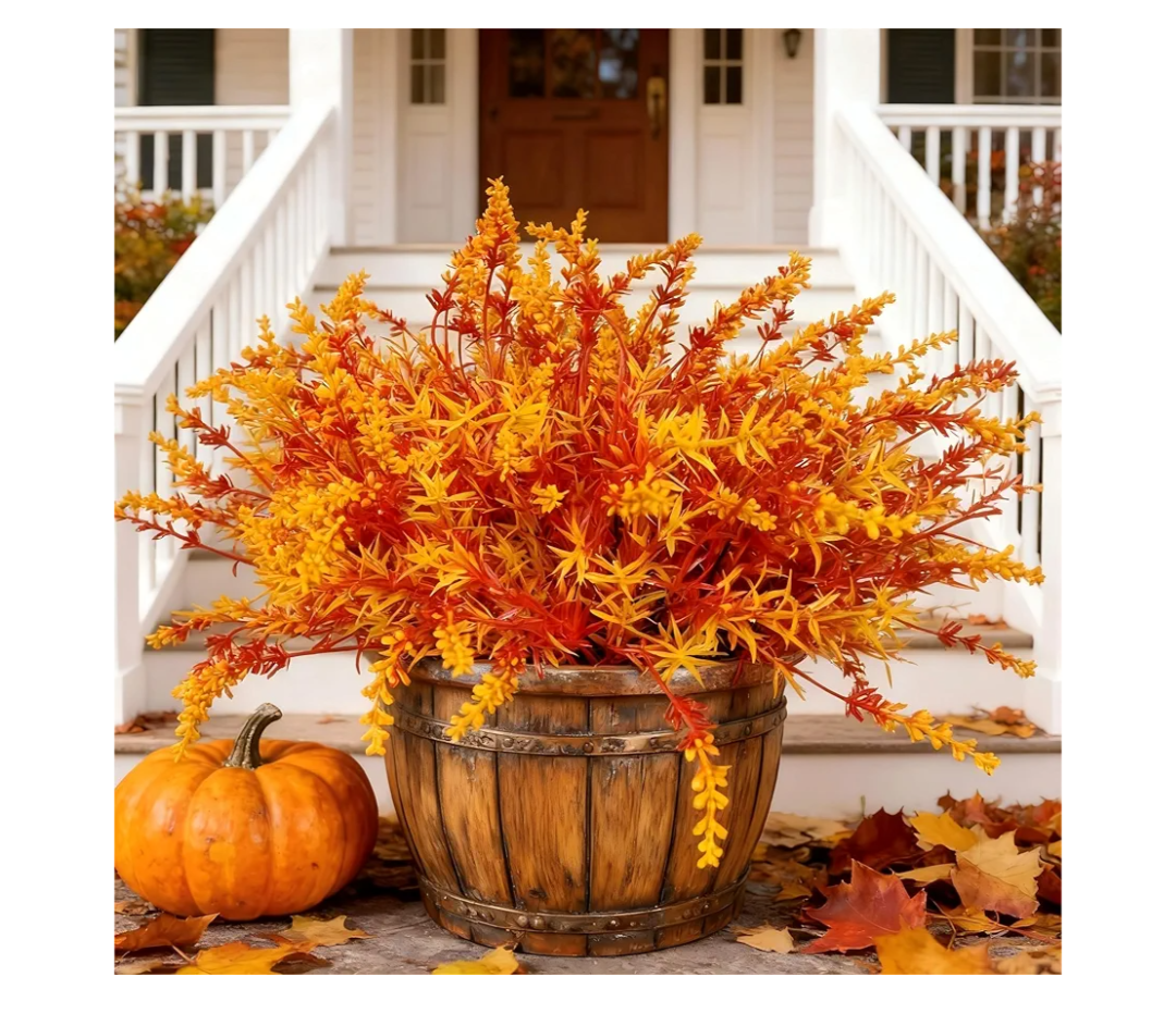 Geegoods 16 Bundles Artificial Fall Flowers Outdoor – Faux Lavender Flowers with Monkey Grass UV Resistant Plastic Faux Plants for Halloween Front Door Porch Patio Yard Balcony Decor, Orange Color