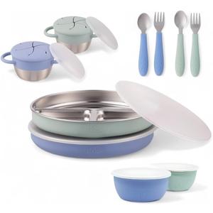 Elk and Friends Kids Stainless Steel Mealtime Bundle | Plates, Bowls, Snack Cups + Toddler Utensils | Silicone Sleeves + Travel Storage Lids | For Meals + Snacks | Dishwasher Safe