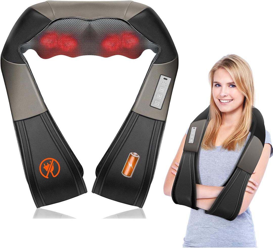 AMZPONY Rechargeable Neck Massager with Heat Shiatsu Back and Neck Massager Cordless Portable Kneading Shoulder Massage Shawl for Pain Relief Deep Tissue Gifts for Dad Mom Friends