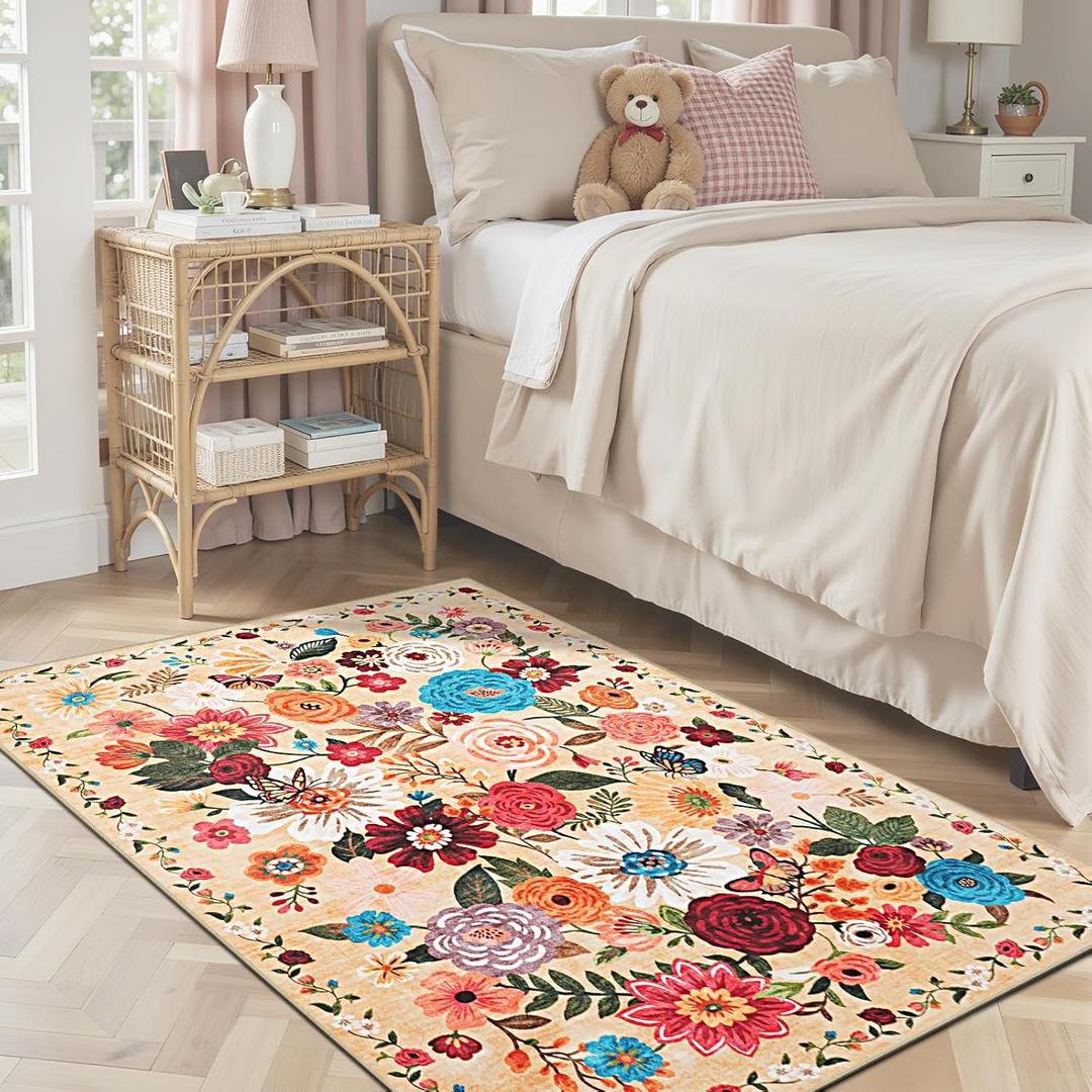 Floral Machine Washable Rug, 3x5 Rug Non Slip Soft Bedroom Rugs for Entryway Dorm, Ultra-Thin Rugs for Bedroom Stain Resistan(3 x 5, Yellow Garden)