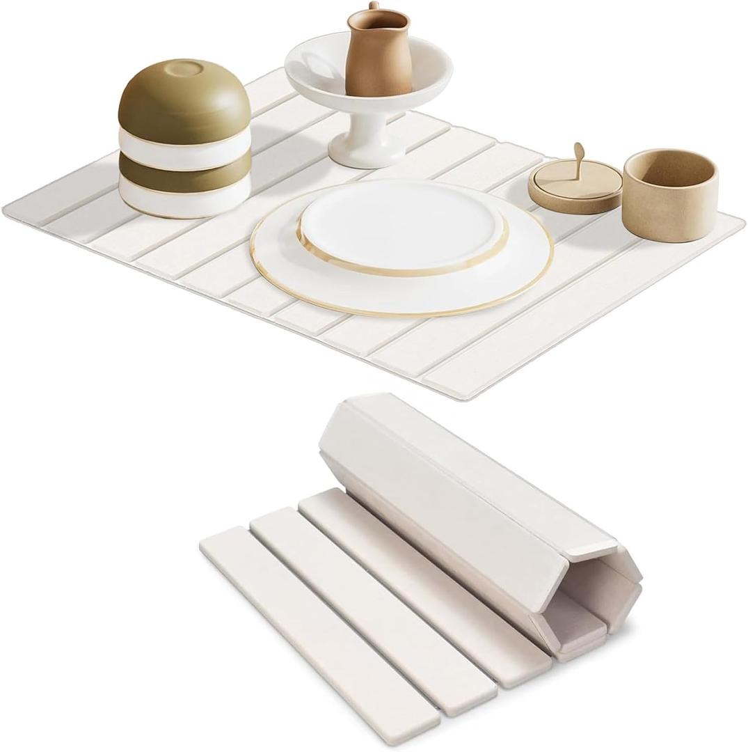 Large Stone Dish Drying Mats for Kitchen Counter, 23"(L)16"(W) Diatomaceous Earth Mats, Water-Absorbent Collapsible Multi-Purpose Stone Drying Tray for Cups Dishes Bottles, Match Any Countertop