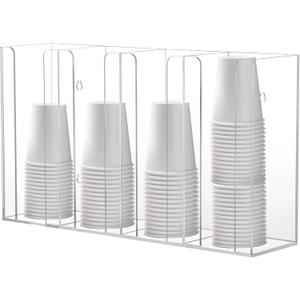 4-Compartment Acrylic Cup Dispenser, White Cup and Lid Holder for Counter, 16.5 * 4.1 * 9.4 inches,Wall-Mounted Cup Organizer, Clear Desktop Cup Storage Holder or Kitchen, Coffee, Bar