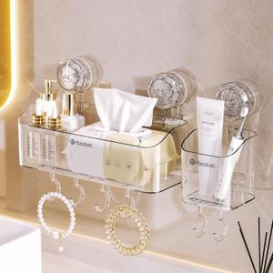 2-Pack Suction Cup Shower Caddy Set, Wall Mounted Suction Rack, Bathroom Shower Shelf Basket Set with Shower Organizer and Toothbrush Holder (No Drilling Required)