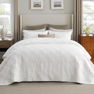 Bedsure 100% Cotton Quilt Set - Lightweight Queen Bedspread, Cozy White Bedding Coverlet 3-Piece with Pillow Shams in Checker Pattern for All Season, 90x96 inches, 100% Cotton Voile