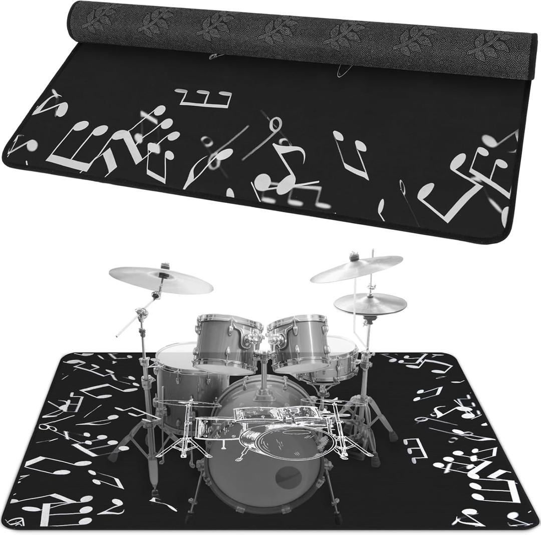 4Ft x 5.3Ft Drum Mat Drum Carpet Tightly Woven Fabric with Non-Slip Grip Bottom Drum Rug for Bedroom, Studio, Apartment, Soundproof, Roll of 21.2 Square Feet (White Drum Stand)