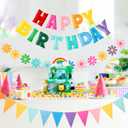 YEOCU Felt Birthday Decorations, NO DIY, Pre-Strung 3D Felt Happy Birthday Banner with Fabric Flower Garland, Colorful Triangle Flags, Birthday Party Decorations for Women Men Boys Girls (Rainbow)
