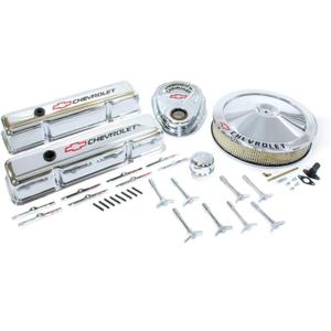 Proform 141-900 Chrome Engine Dress-Up Kit with Black Chevrolet/Red Bowtie Logo for Small Block Chevy