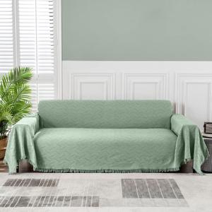 MEETSKY Green Couch Cover Sofa Slipcover for Sectional Sofa Covers Protector Universal Use Cotton Blend Thick Fabric Washable, Woven Texture Modern Design for Living Room, 91" x 150", Sage