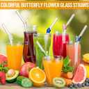 12Pcs Reusable Glass Straws, Cute Straws with Colorful Butterfly Flower, Clear Glass with 4 Cleaning Brushes for Smoothies, Milkshakes, Juices, Teas