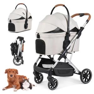 T6 Luxury Pet Stroller for Medium Dogs Up to 66lbs or 2 Small Pets 3-in-1 Dog & Cat Stroller with Removable Carrier, Foldable & Lightweight (Beige)