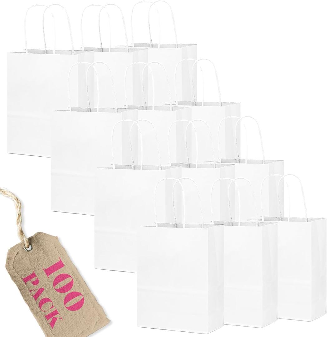 qiqee 100Pcs Small White Paper Gift Bags with Handles 8.26"6"3.15" Gift Bags Multiple Uses