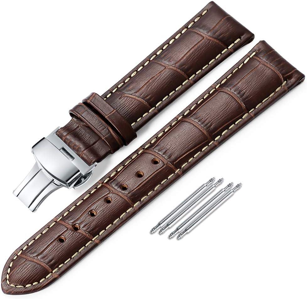 IStrap Leather Watch Band -Alligator Grain Embossed Pattern Calfskin Replacement Strap-Stainless Steel Deployment Buckle with Push Buttons-Bracelet for Men Women-18mm 19mm 20mm 21mm 22mm 24mm (Brown/Tan Stitch-Silver)