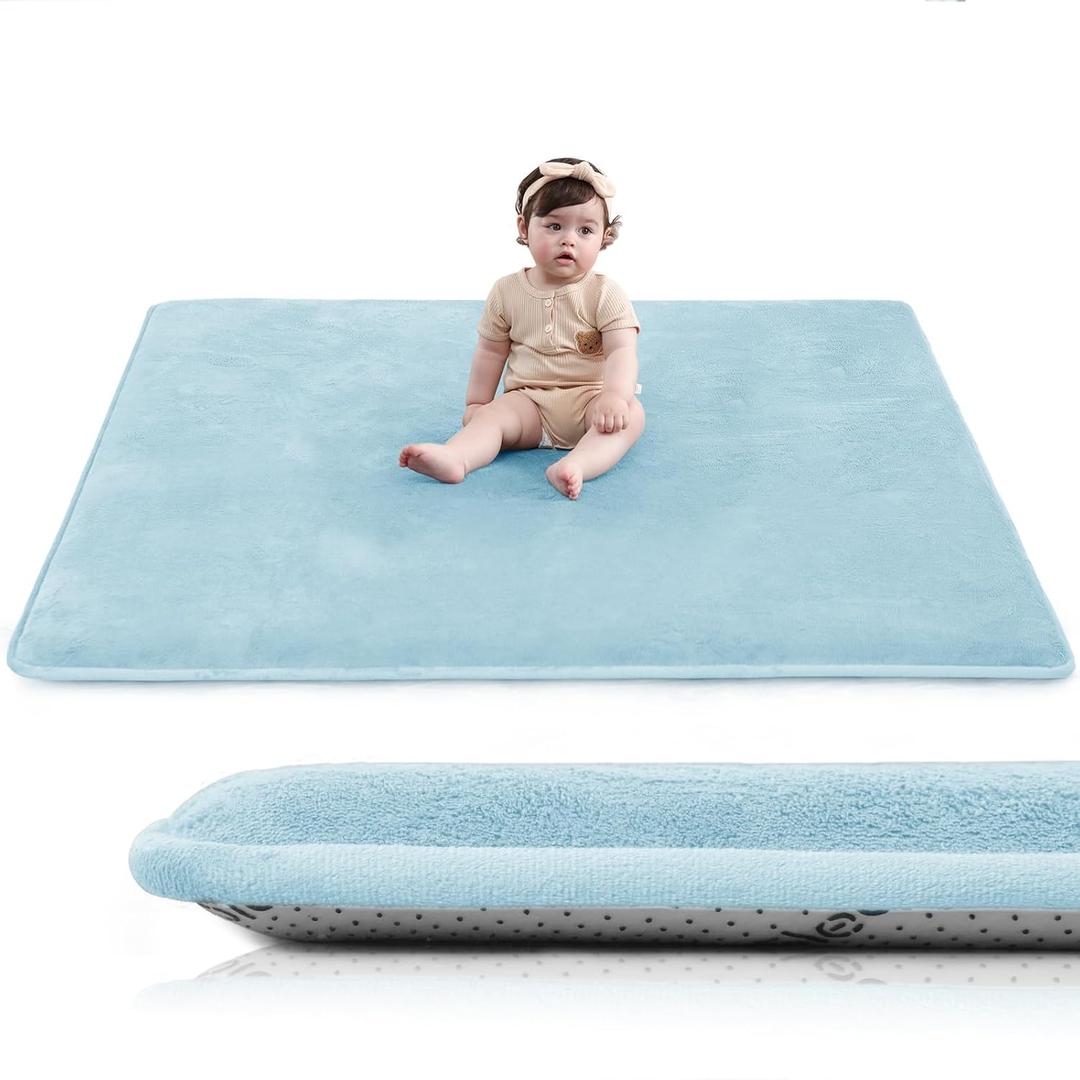 Baby Play Mat for Floor,1.3" Thick Elasti-Foam 50"50" Playpen Mat for Tummy Time,Water Repellent Soft Coral Velvet for Toddler,Infant,Kids,Non-Slip Backing Safe for Crawling(Light Blue)