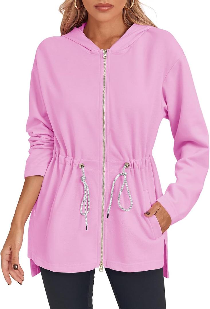 Fisoew Women's Zip Up Hoodie Sweatshirts Oversized Long Sleeve Casual Drawstring Waist Side Slit Tunic Tops (Pink)